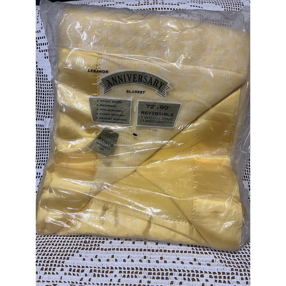 Vtg Lebanon Anniversary Double Woven Blanket Satin Edge Yellow 72in X 90in NIP